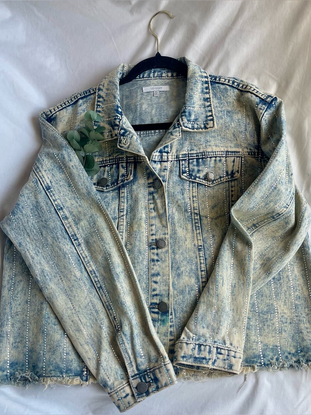 Light Wash Denim Jacket with Rhinestone Trim